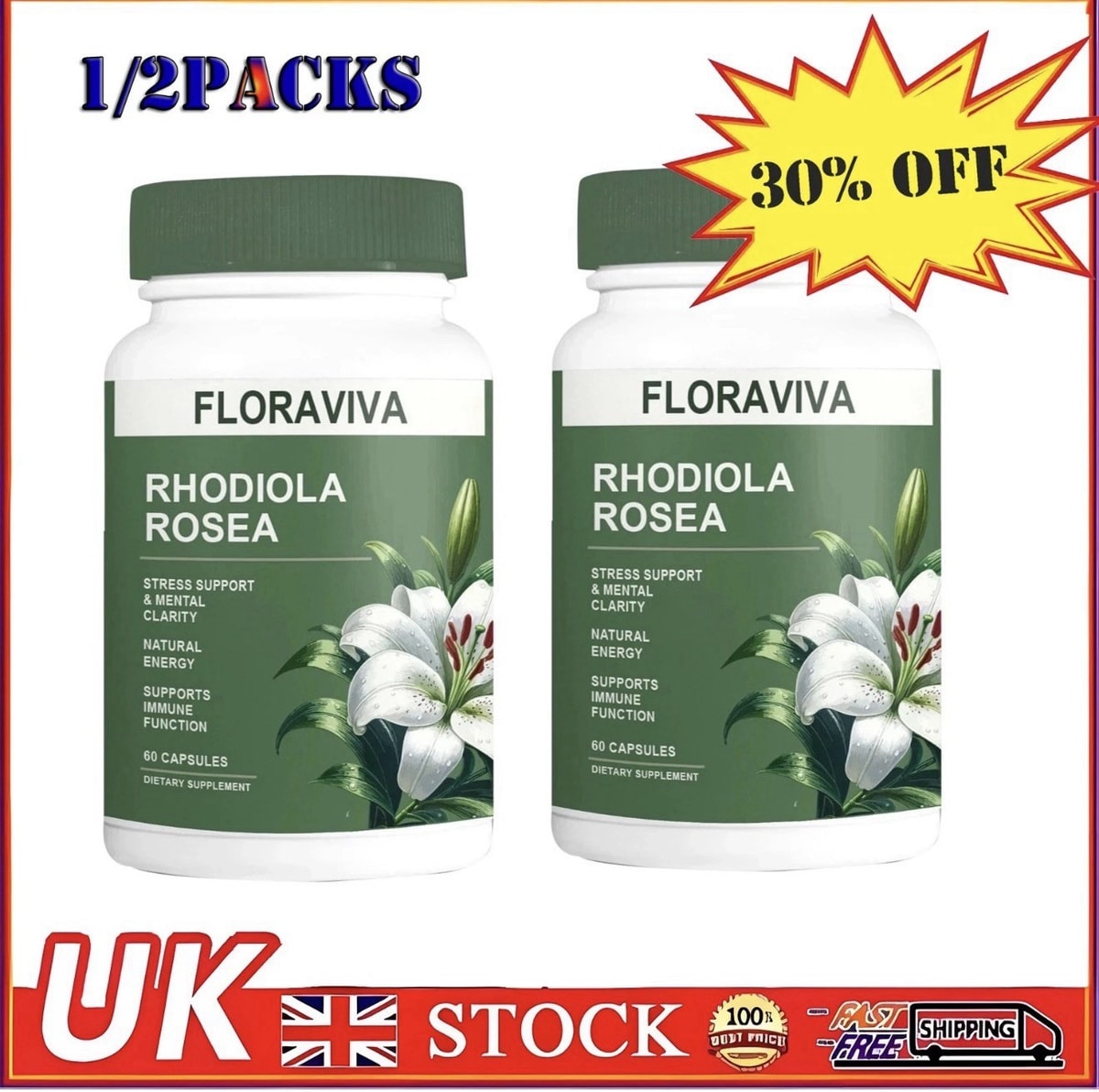 Salvora Rhodiola Rosea Capsules Floraviva Supplement Energy Focus Mood Men/Women