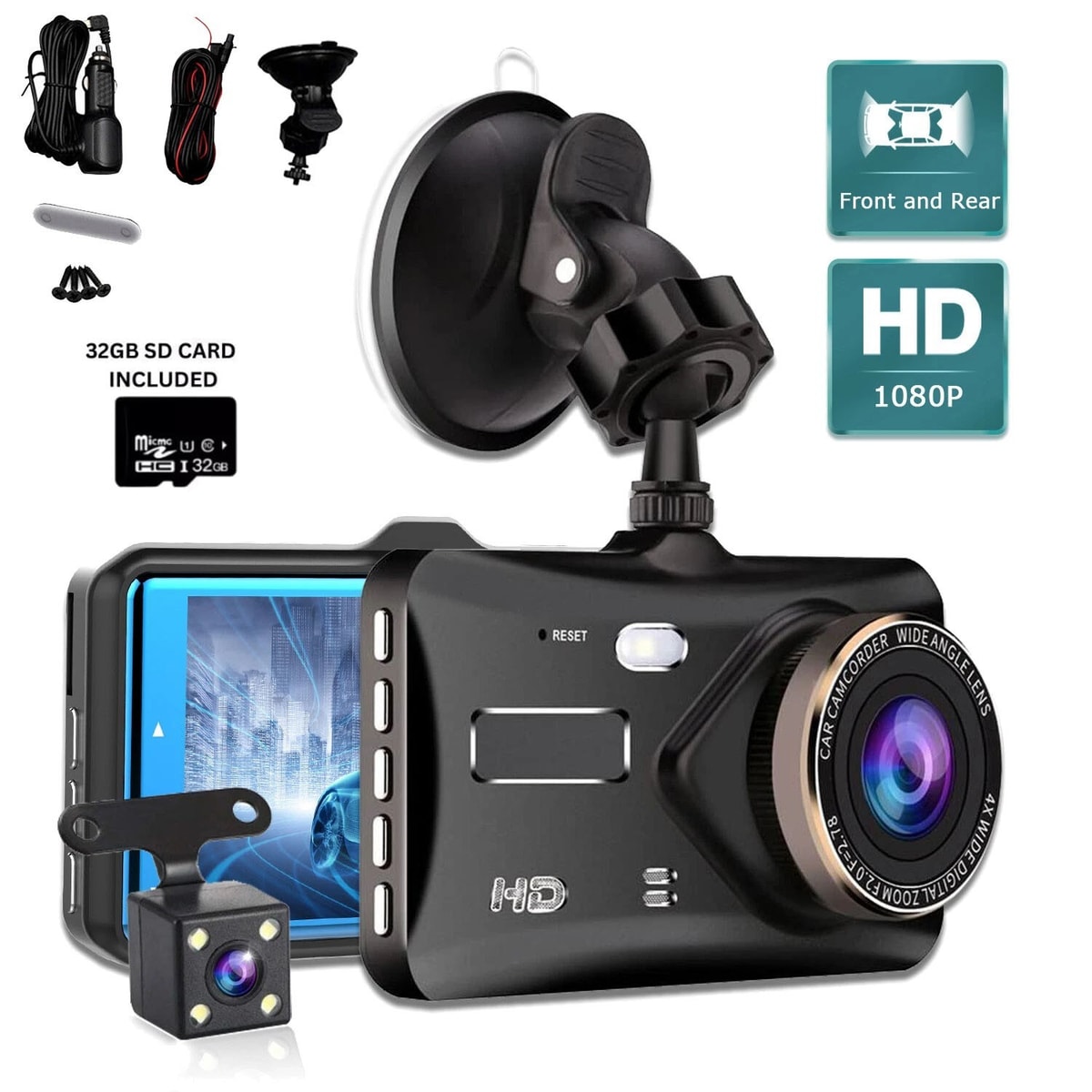 1080P Car DVR Dash Cam Camera Front Rear Dual Lens Driving Recorder & 32GB Card