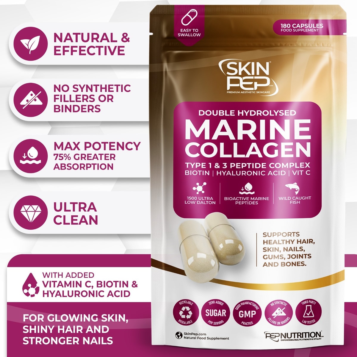 Collagen Capsules Tablets 2600mg Hydrolysed Marine Max Strength Hair | SkinPep