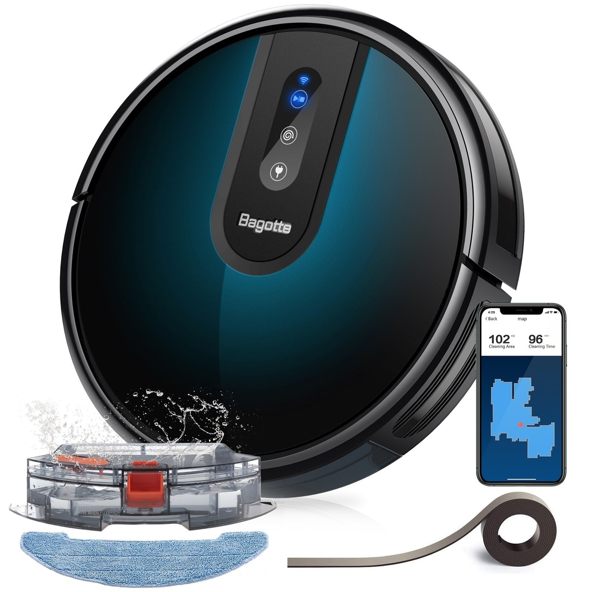 Bagotte BG750 Robot Vacuum Cleaner Mop 2000Pa WiFi Self Charging Black