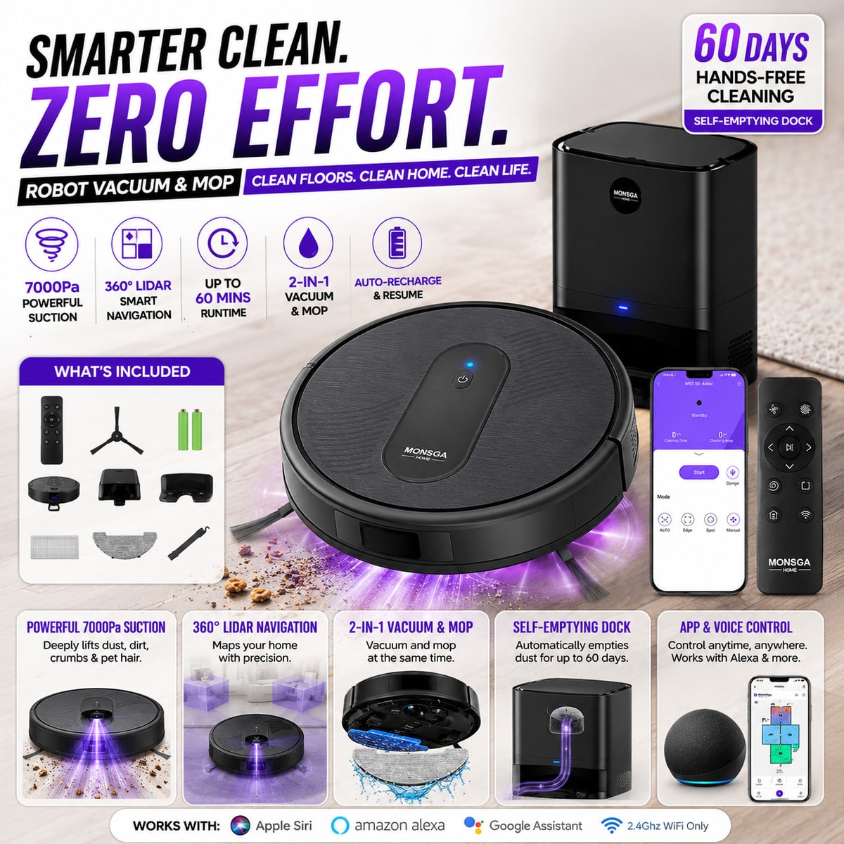 Robot Vacuum Mop 4000Pa 140Min Slim 3in1 App Control Auto Boost MR1 UK