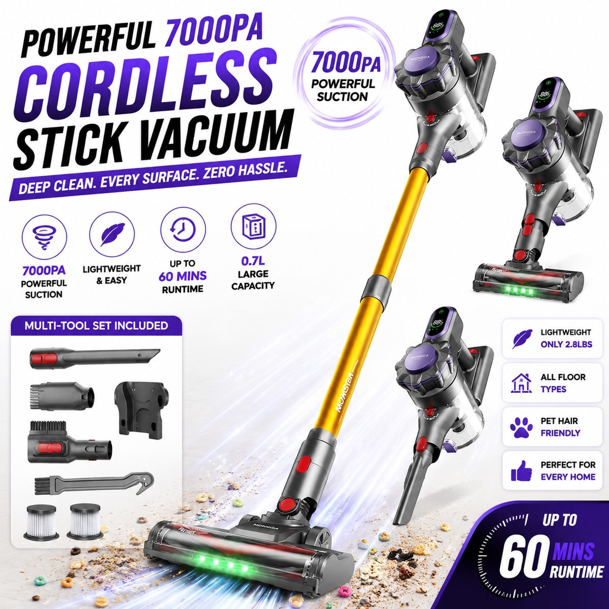 Cordless Vacuum Cleaner 550W 45KPa 50Min LED Anti-Tangle Pet Hair Stick MV3
