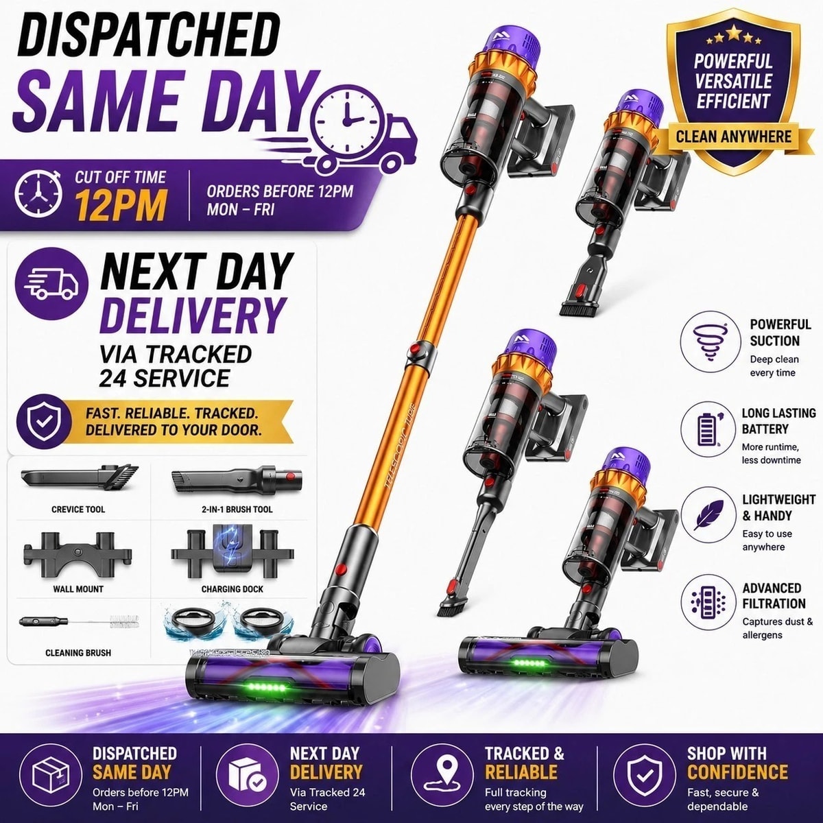 50000Pa Cordless Stick Vacuum Cleaner 80Min/550W Anti Tangle HEPA Pet Hair UK