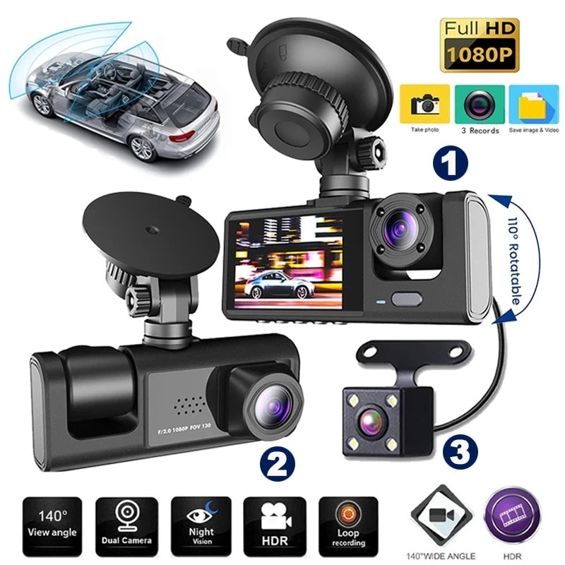 4K Dash Cam Front Rear Inside 3-Camera Dashcam Car Camera Night Vision G-Sensor