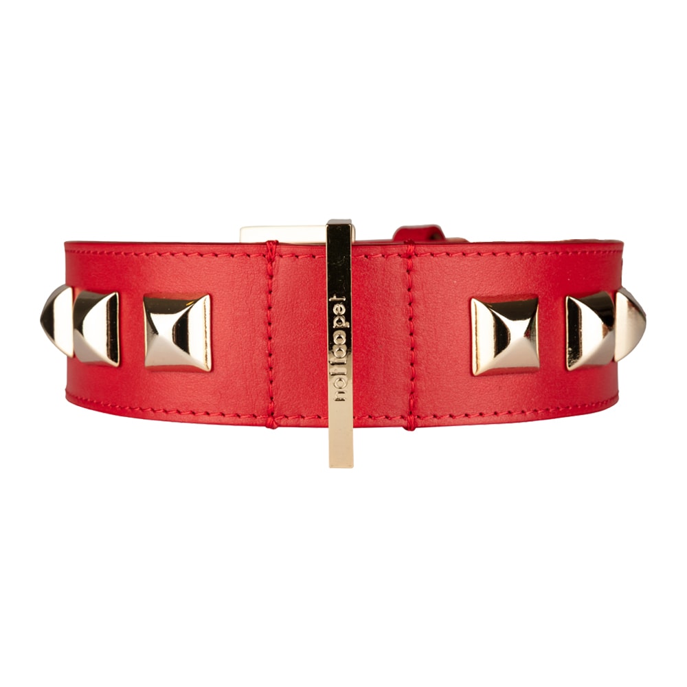 not too pet | Exklusivt Wide Rock Stud Hundhalsband, Röd/Guld - 2XL