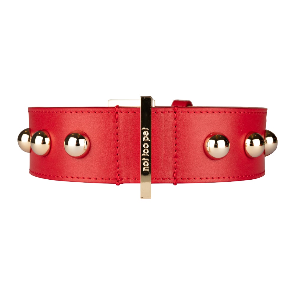not too pet | Exklusivt Wide Round Stud Hundhalsband, Röd/Guld - Medium
