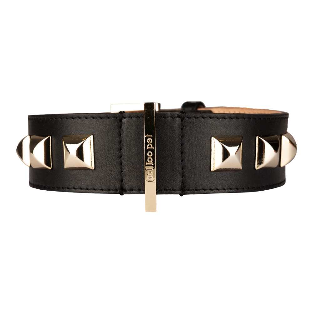 not too pet | Wide Rock Stud Hundhalsband, Svart/Guld - Medium