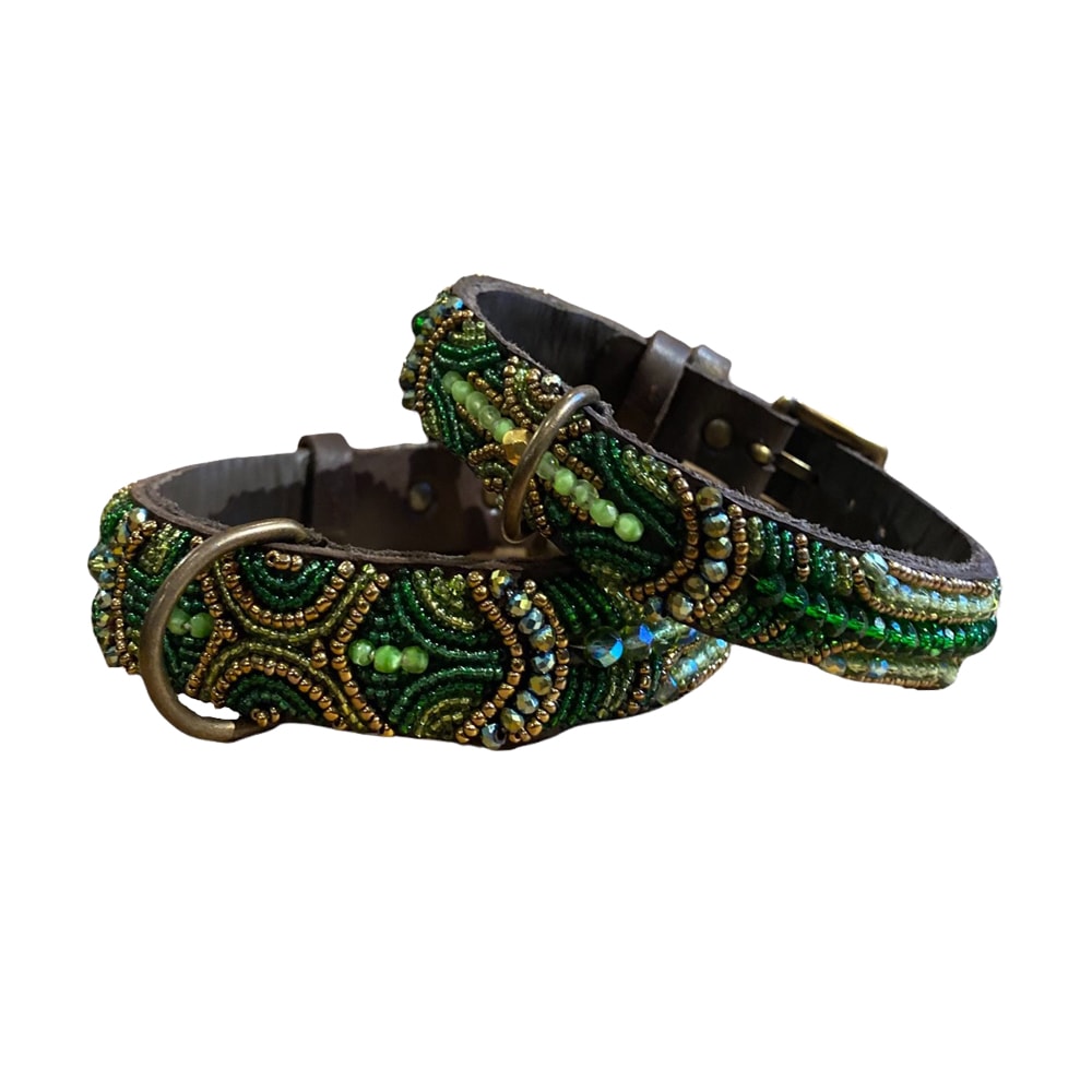 Simo Milano | Exklusivt Pärlat Hundhalsband, Grön - Small