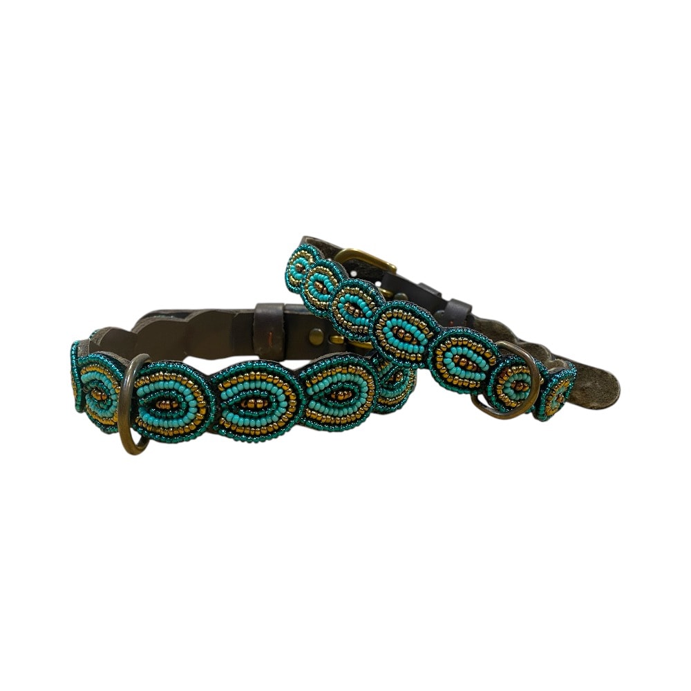 Simo Milano | Handgjort Pärlat Hundhalsband, Bågar Turkos - Large