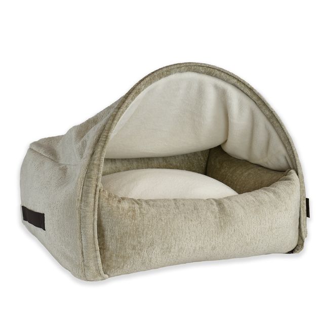 Kona Cave | Lyxig Snuggle Cave Hundbädd Chenille Velvet, Beige - Medium