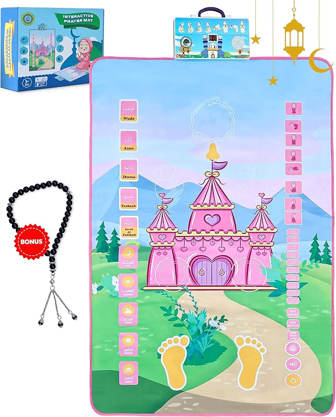 Elektronisk Muslimsk Bönematta – Interaktiv Rosa Muslimsk Bönematta för Barn – Lekfullt Lärande av Böner – Recitation av Koranens Suror och Duas – Inkluderar Muslimsk Radband för Tasbih