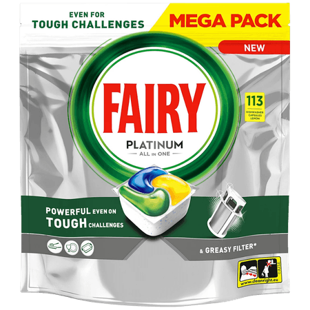 Fairy Lemon All-in-One Diskmaskinstabletter för Glas & Disk – 113 st