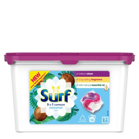 Surf 3-i-1 Coconut Bliss Tvättkapslar – 18 st.